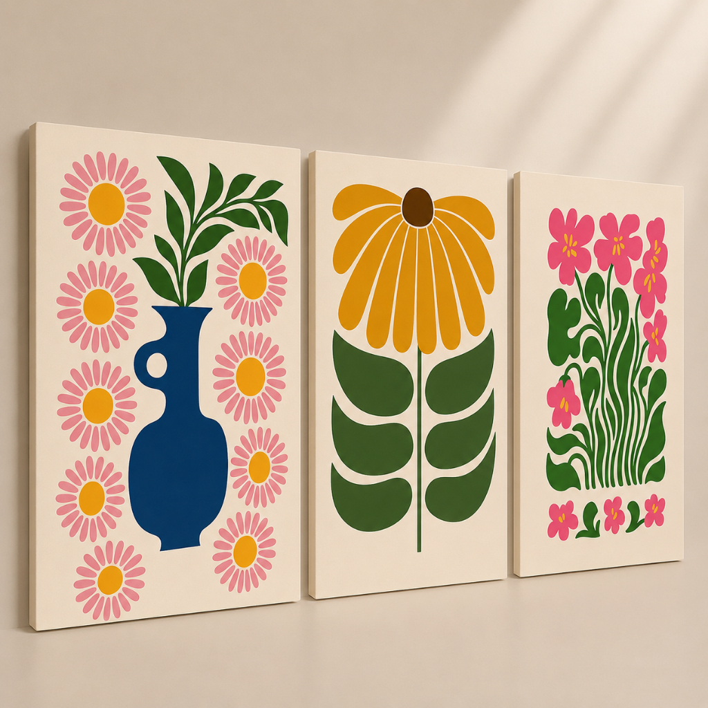 Kit 3 Quadros Decorativos MDF Floral Retrô Arte Moderna Minimalista Para Sala Quarto Escritório