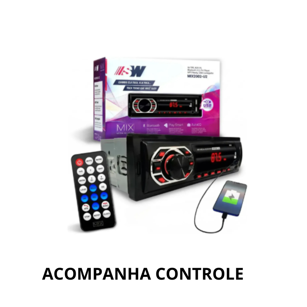 Rádio Automotivo Bluetooth 4.2 USB Duplo FM MP3 Controle Remoto Microfone