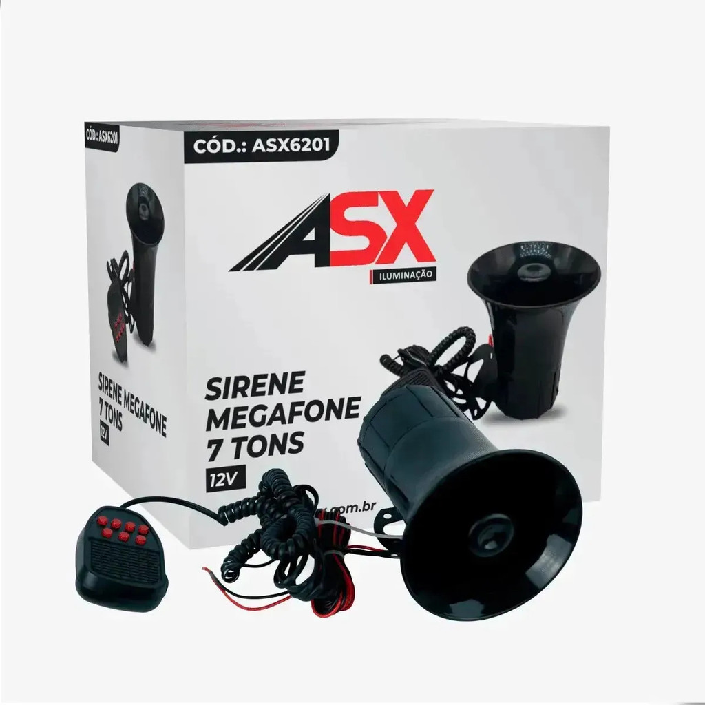 Sirene Alerta Veicular 7 Modos 12V com Microfone Megafone 105dB Alta Potência