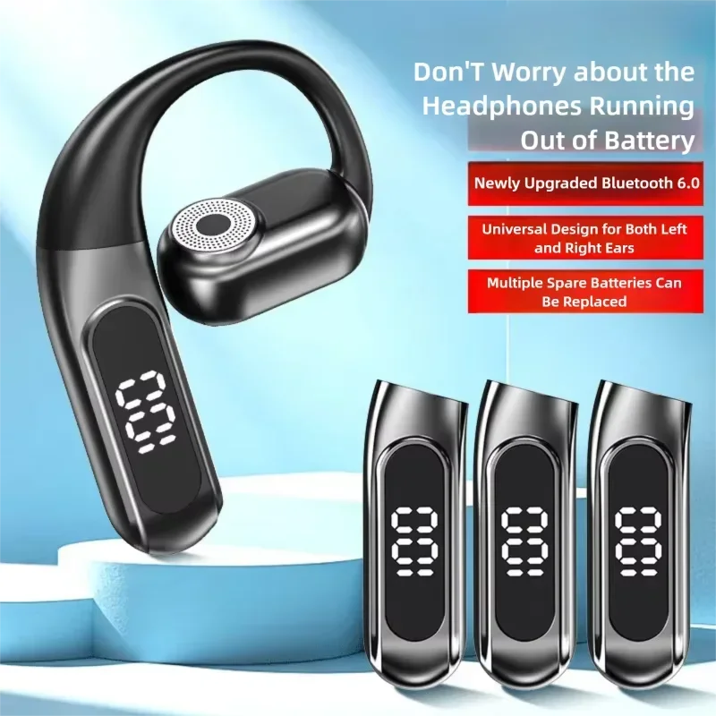 Ear Hook Bluetooth 6.0 Business Headset with Replaceable Battery Open Bone Conduction LED Digital Display Headphones for Driving