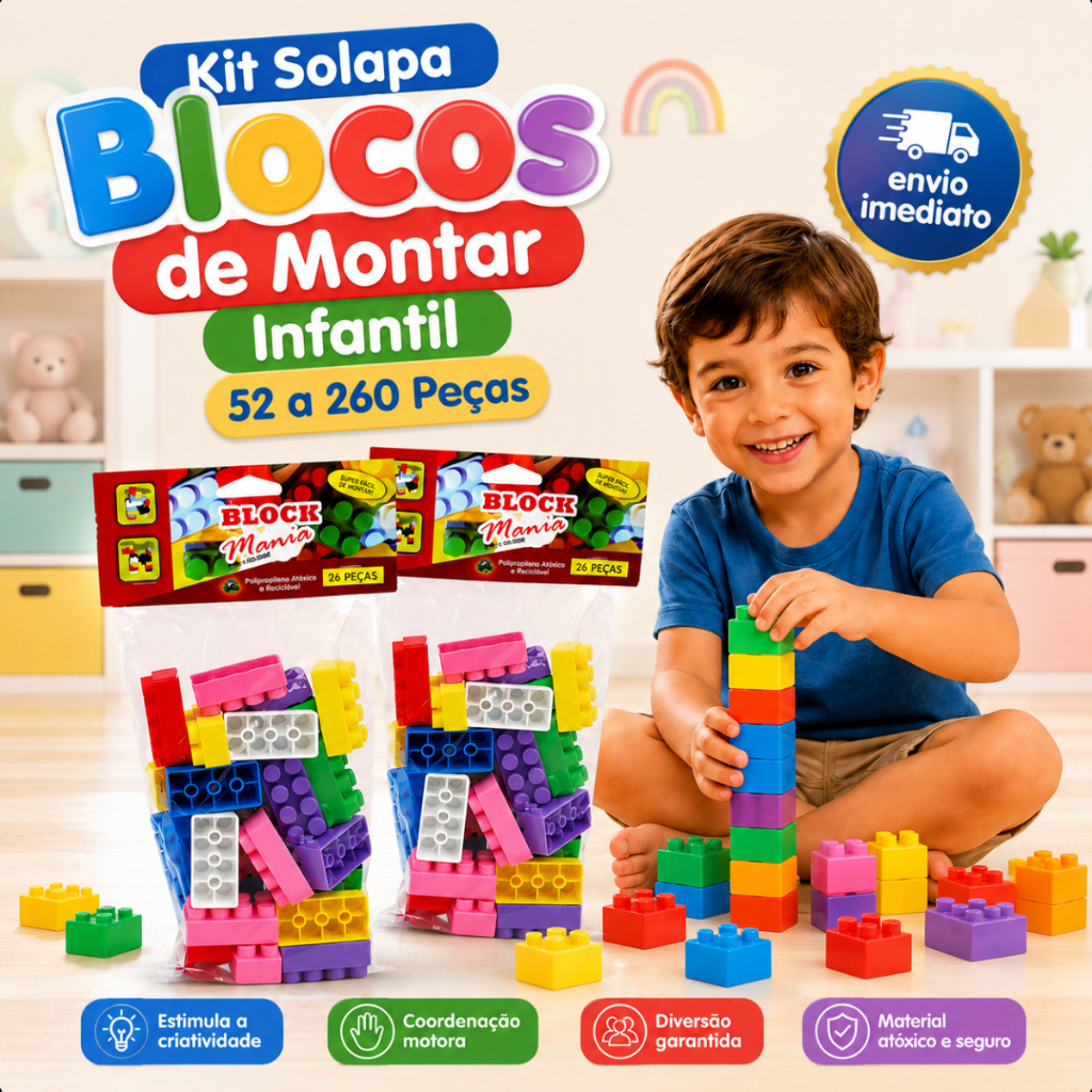 Kit Solapa Blocos de Montar Encaixar Infantil 52 a 260 Peças Educativo Desenvolve Coordenação Motora Brinquedo Presente