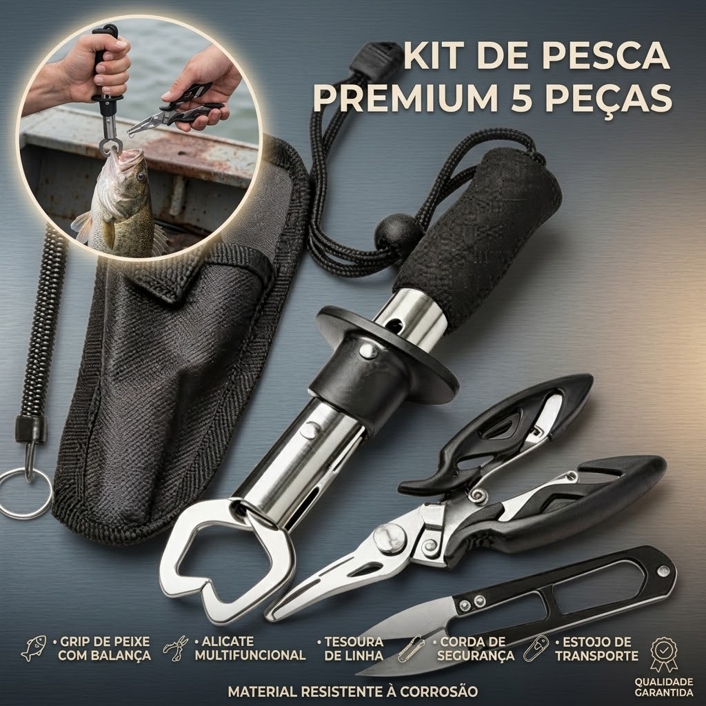 Kit 3/5 Fishing Pliers Complete Set Multifunction Tool Curved Nose Lip Strip Fish, Stainless Steel Control Scissors