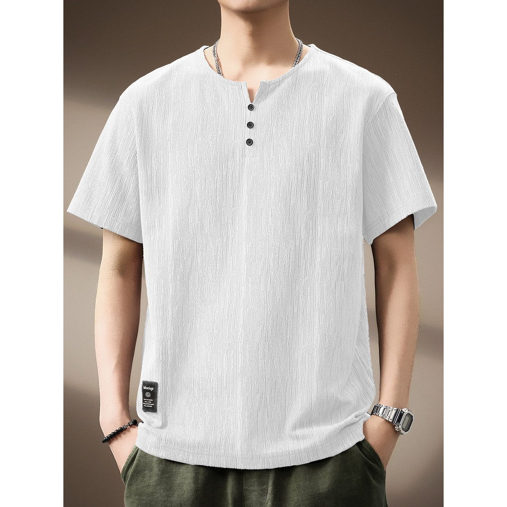 High-End American Bark Texturizado Henry Collar Camiseta de manga curta masculina verão novo estilo Street Wear solto me
