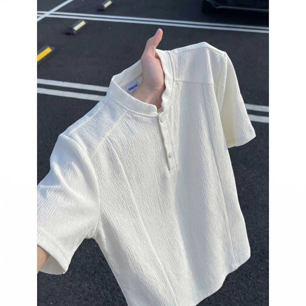 Cleanfit Bark Pattern Henry Collar camiseta masculina verão costura frente ombro camisa polo de manga curta Design meio-