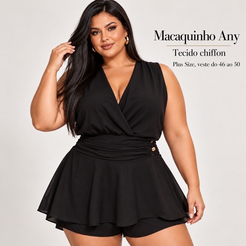 Macaquinho Any Plus Size Decote V Chiffon Soltinho