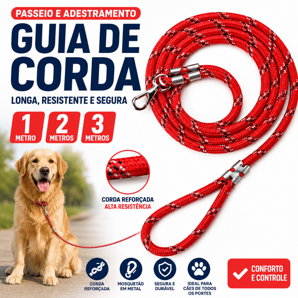 Guia de Corda para Cachorro 1m 2m 3m Reforçada para Passeio e Adestramento com Mosquetão