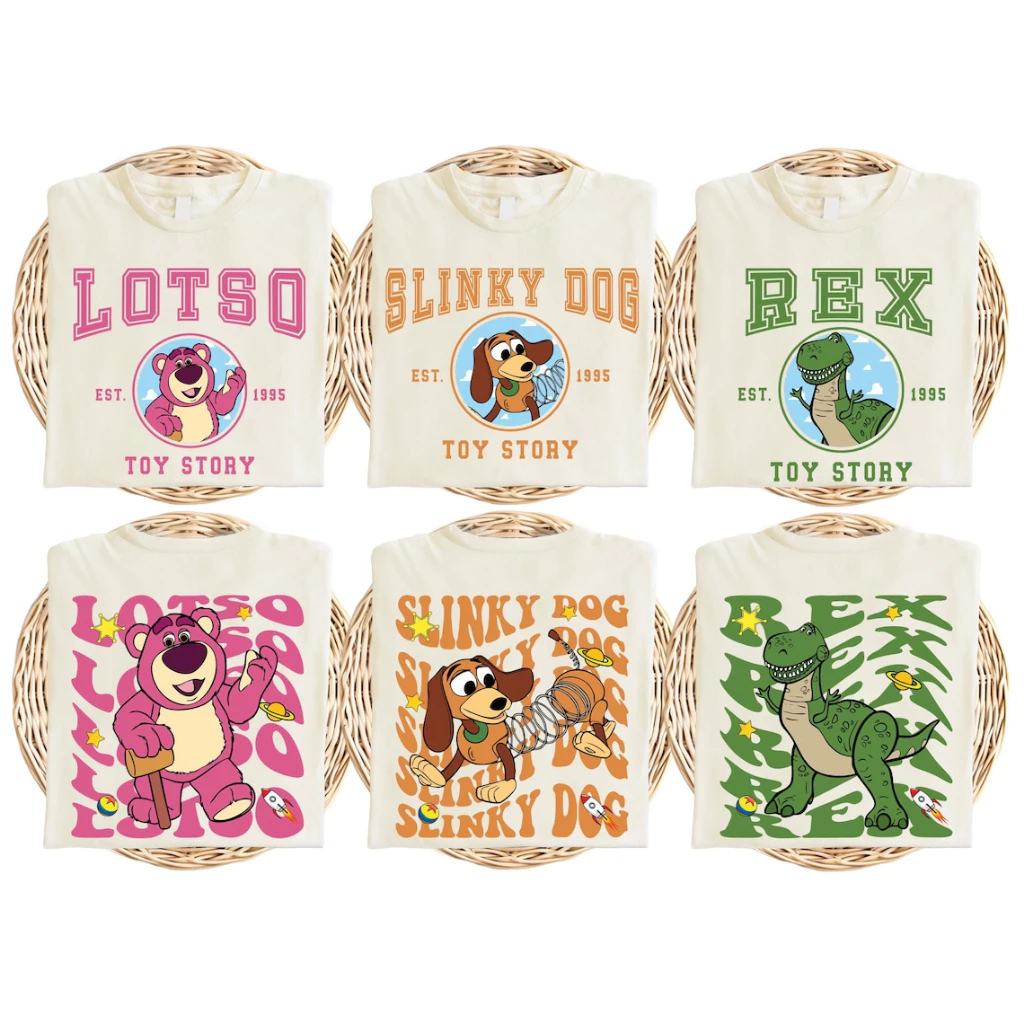 Camiseta Personagens Algodão Infantil/Adulto Desenho Toy Story Rex Slinky Dog Lotso Benson e RC Car