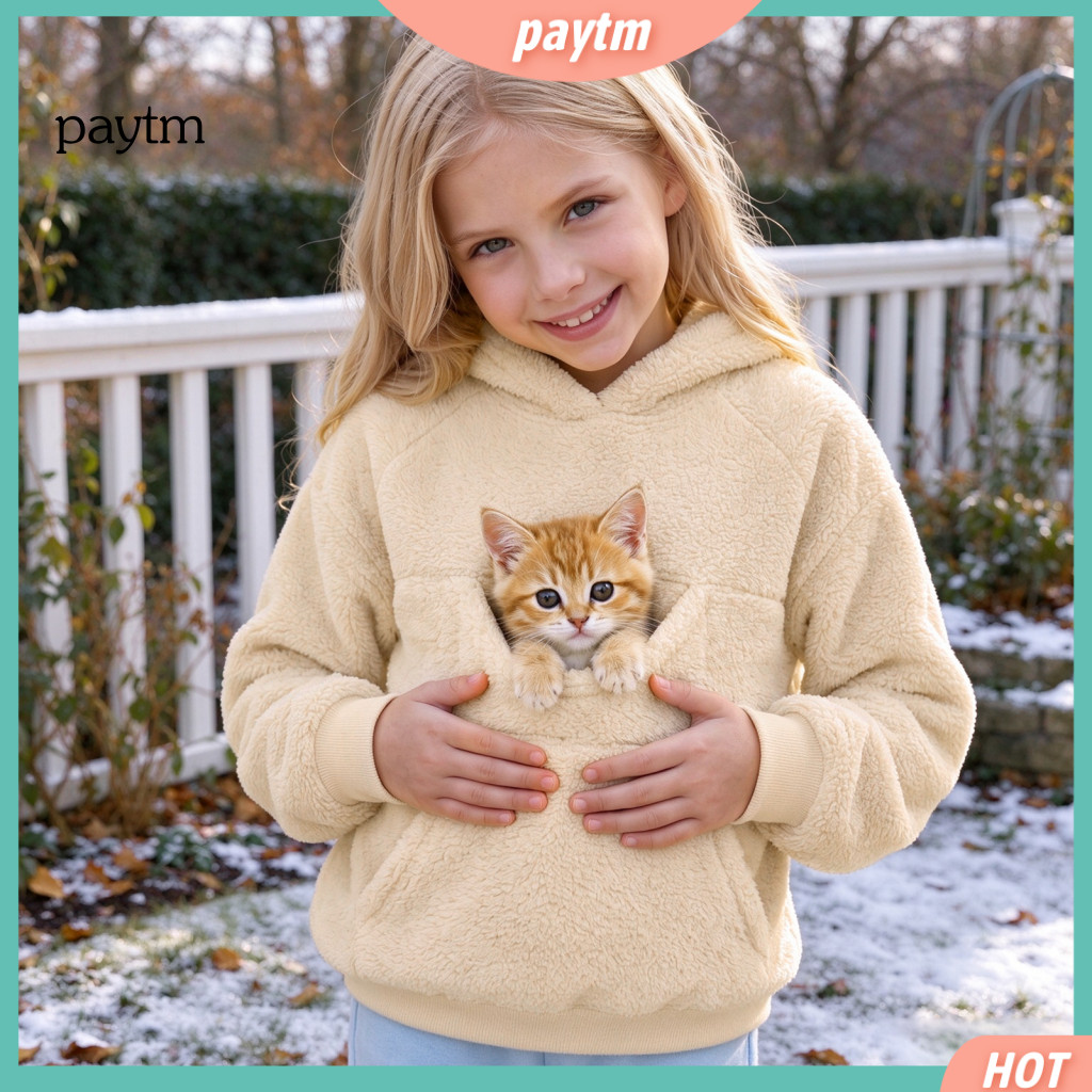 Girls Fleece Hoodie Warm Pullover Kids with Pet Pouch – Oversized Kangaroo Pocket Sweatshirt for Boys Cute Cat Dog Car