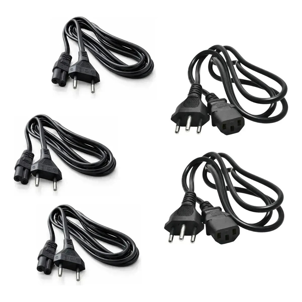 Conjunto Completo 3 Cabos Bipolar + 2 Cabos Atx Para Pc Desk