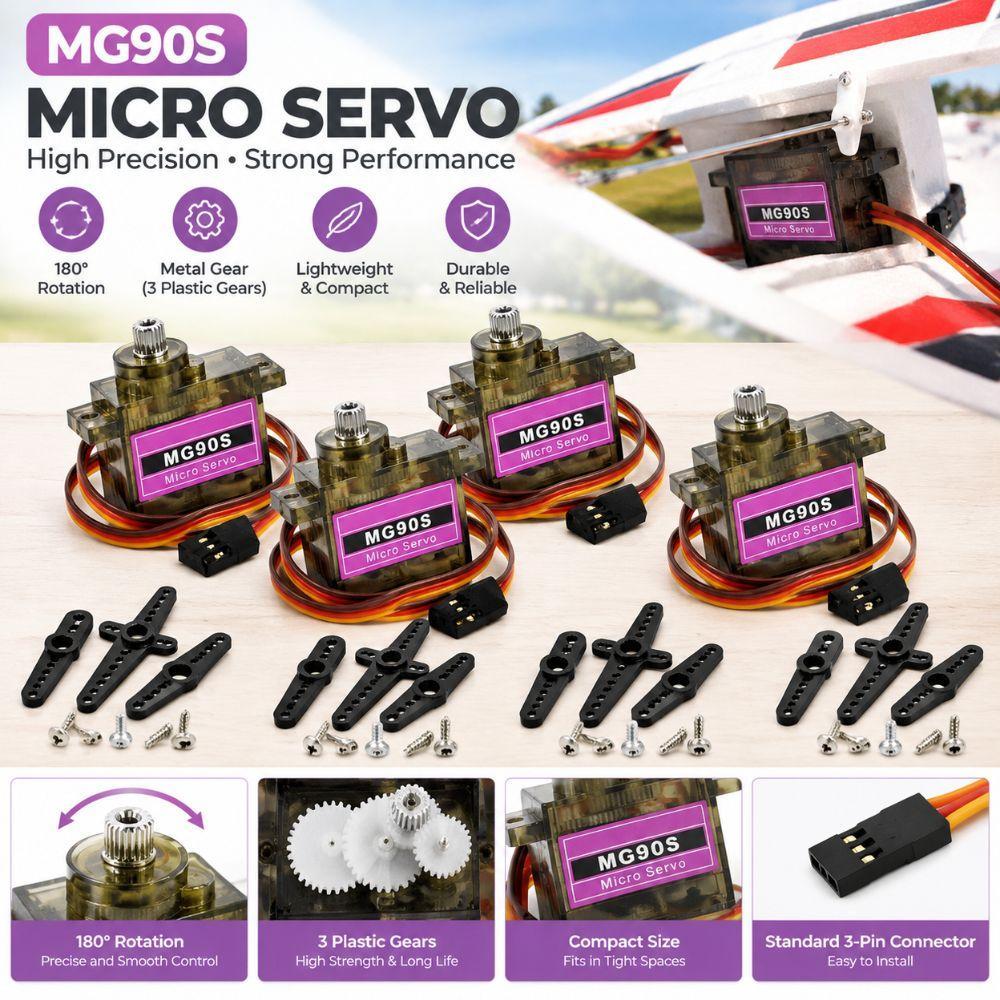 4 Pcs Mini Servo Motor , Rotação De 180 Graus Com Acessórios Micro Compacto Para MG90S