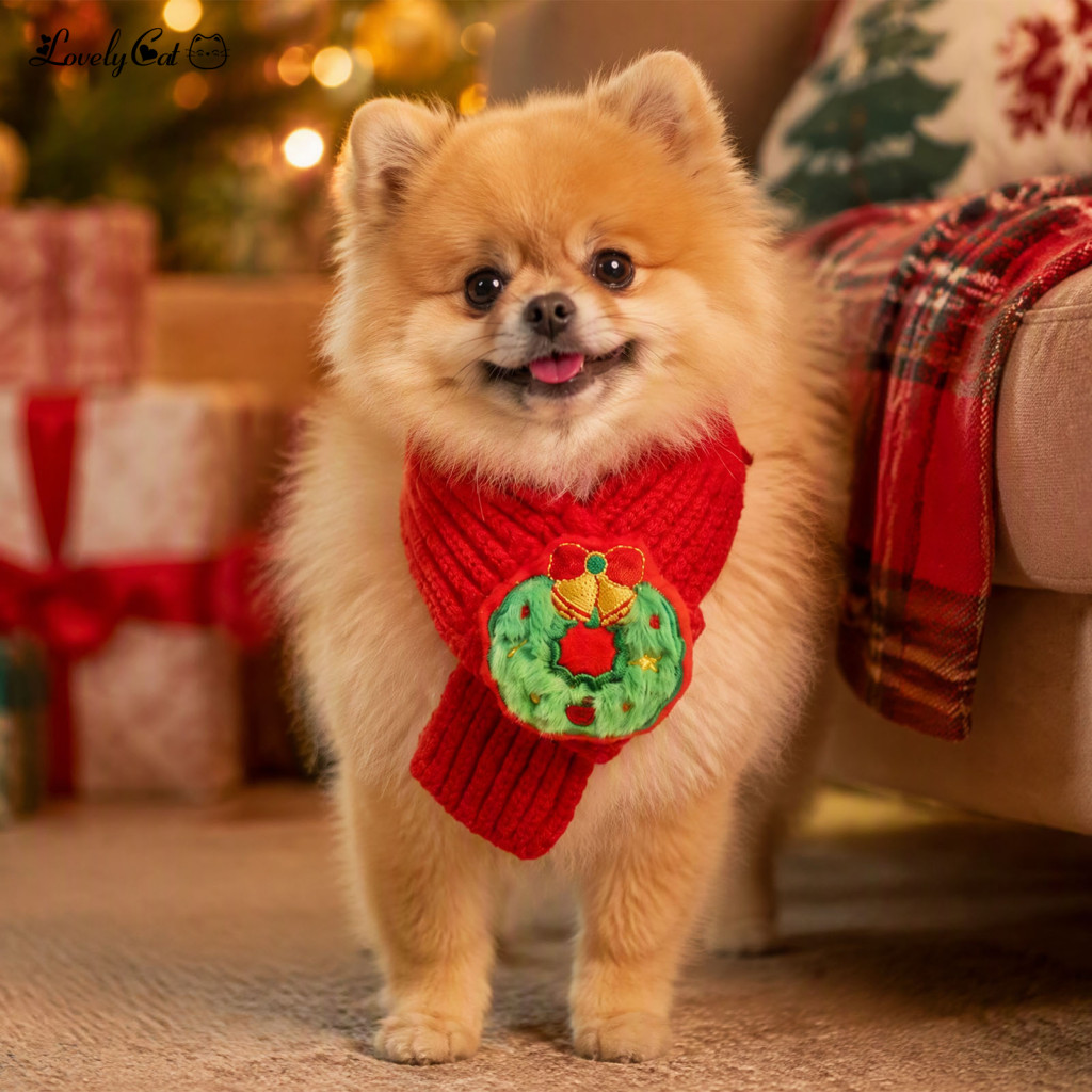 Festive Puppy Winter Scarf Christmas Pet Knitted with Reindeer Stocking Decor – Adjustable Soft Yarn Dog Cat Neck Coll