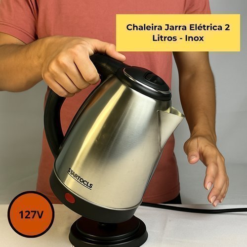 Chaleira Jarra Elétrica 2 Litros Inox STARTOOLS 127V 1000W sem fio base 360° preta