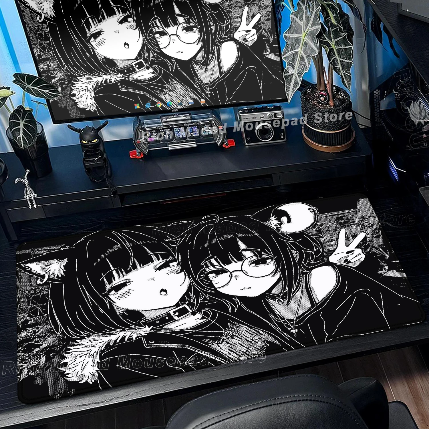 Black White Anime Girl Mouse Pad Large Gaming Non-Slip Mousepad Keyboard Pad Laptop Computer DeskMat Lock Edge Y2K Mouse Carpet