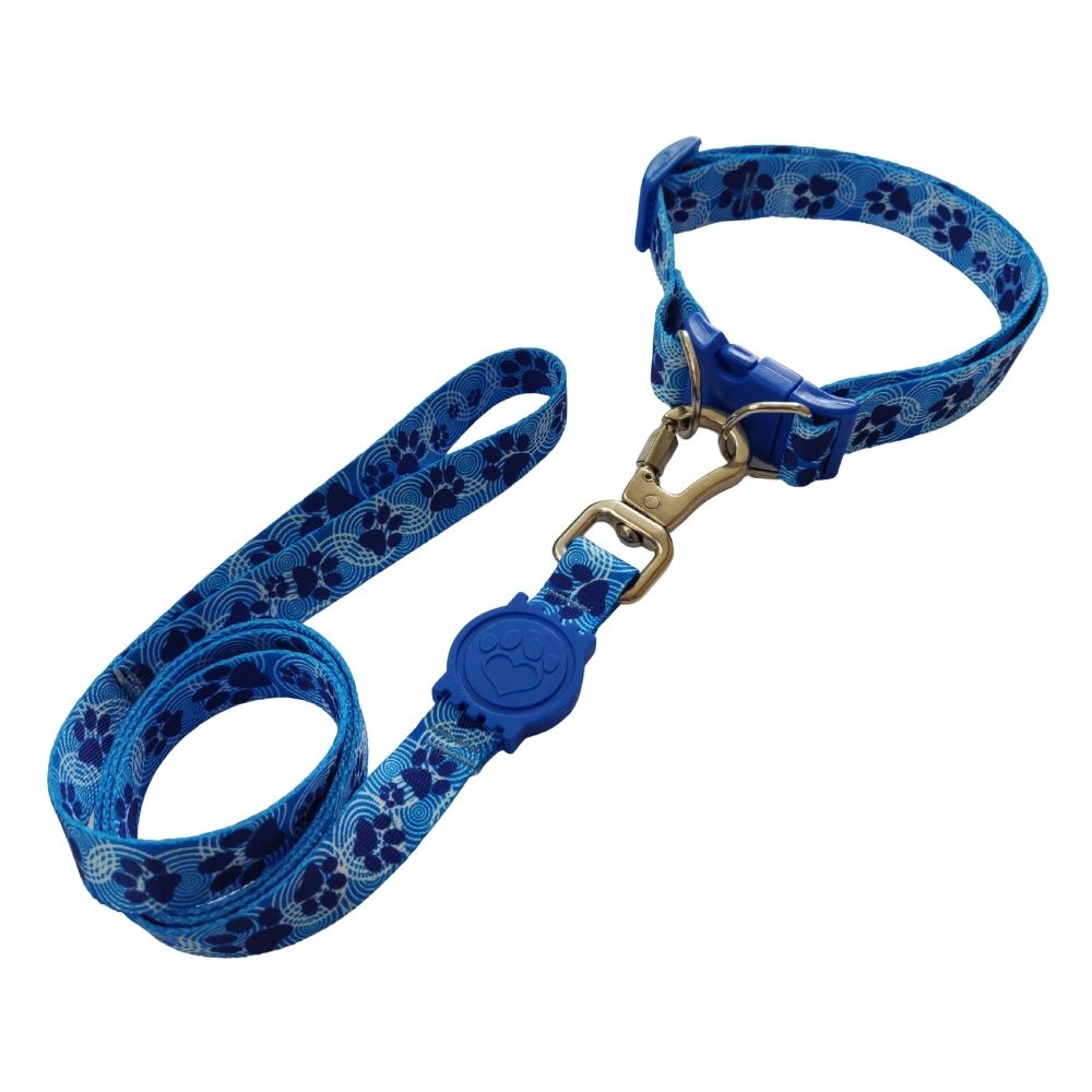 Coleira Com Guia e Trava de Segurança Dupla Para Cachorro e Gato Ajustável Azul