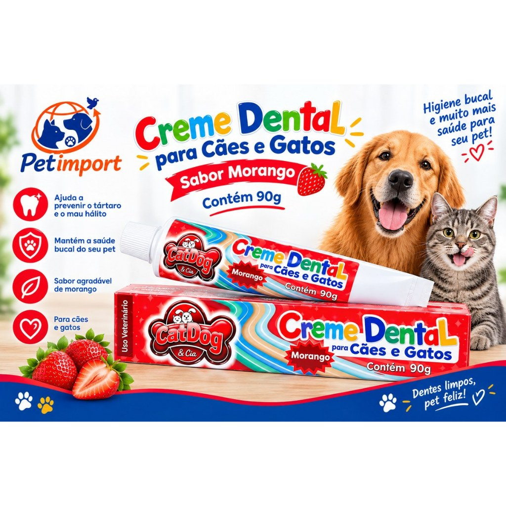 Creme Dental Para Cães E Gatos Catdog & Cia Sabor Morango 90g