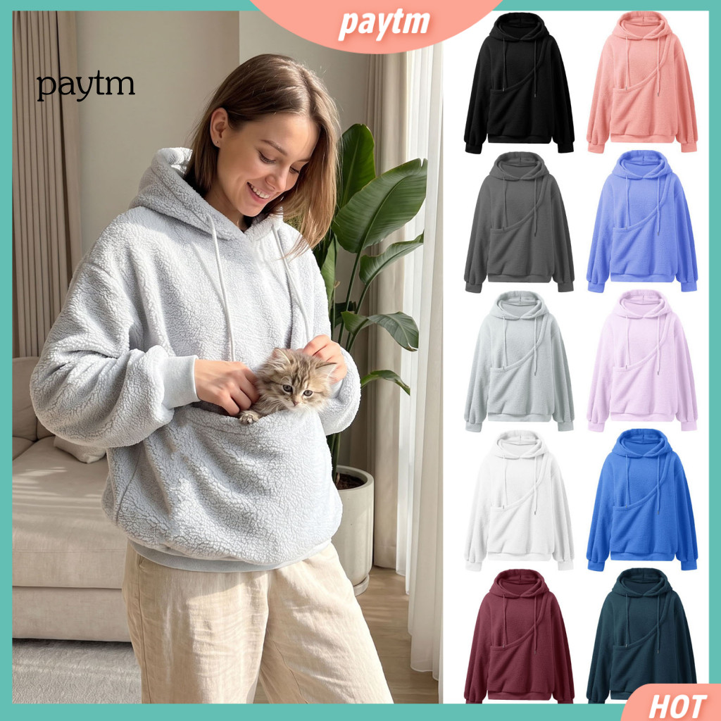 Pet Pouch Hoodie Carrier Women’s Oversized with – Cozy Fleece Pullover for Carrying Cats Small Dogs Pocket Sweatshir