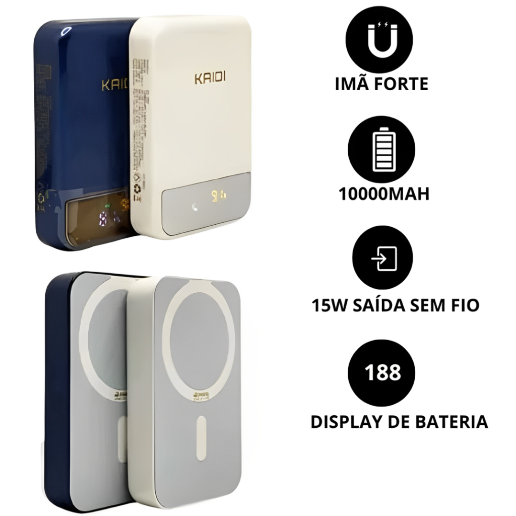 Power Bank Magnético Indução Entradas Tipo-C e 3 Saídas 10.000 Mah Magsafe Kaidi Kd-998