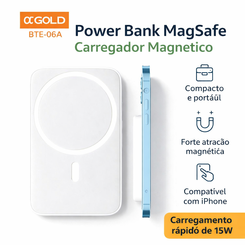 Power Bank MagSafe 5000mAh Carregador Portátil Magnético Sem Fio 15W Para iPhone