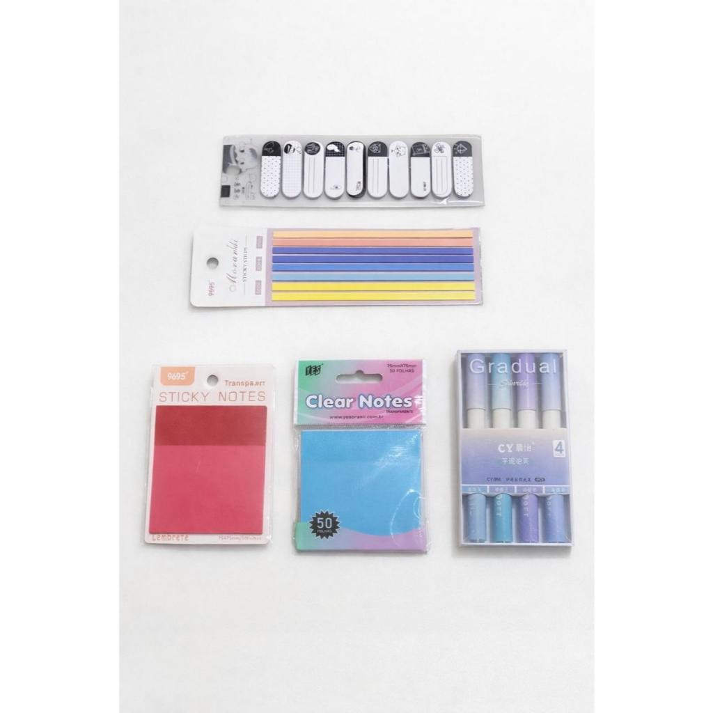 Kit Papelaria Clear Notes +Sticky Strips + Sticky Notes + Post it Black and White + Marca Texto Soft
