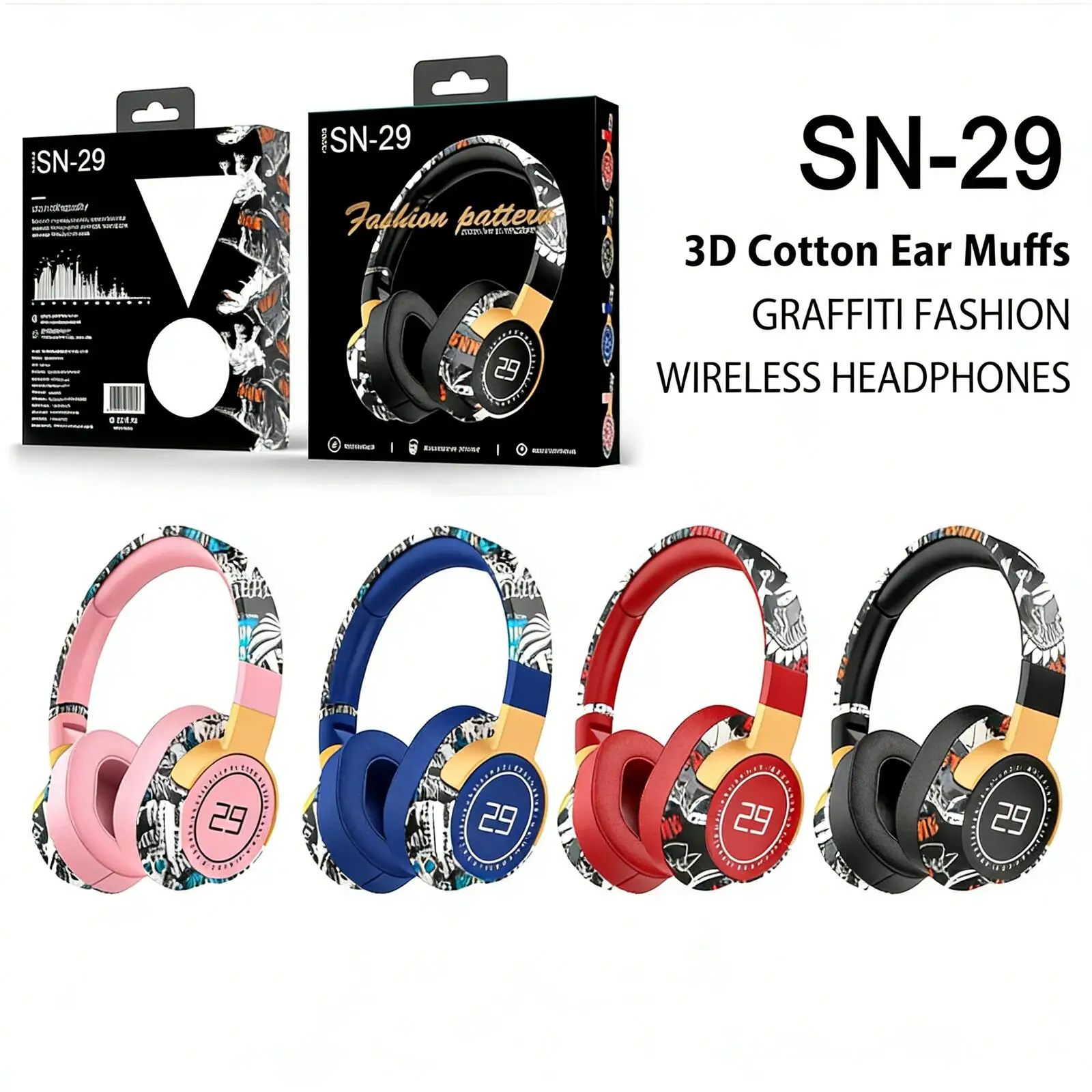Graffiti Fashion Wireless Bluetooth Headphones Deep Bass Over-Ear Headsets Ergonomic Long Battery Life for Music Gaming PC/Phone