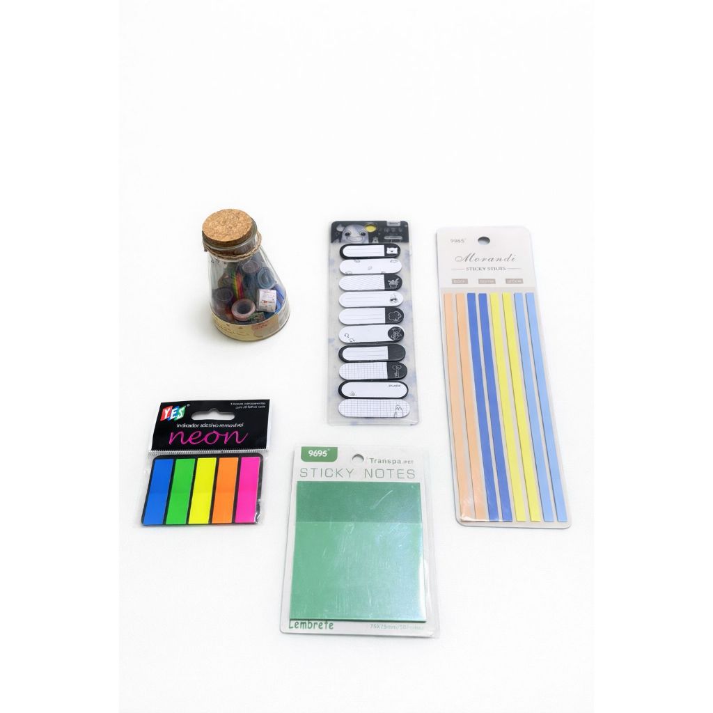 Kit Papelaria Sticky Strips + Post it Black and White + Sticky Neon +Sticky Notes + Potinho Durex Colorido