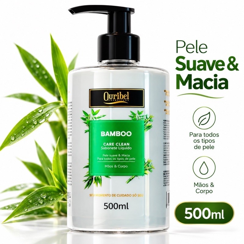 Sabonete Líquido Bamboo Ouribel Care Clean 500ml Mãos e Corpo Pele Suave Macia Todos os Tipos de Pele com Pump