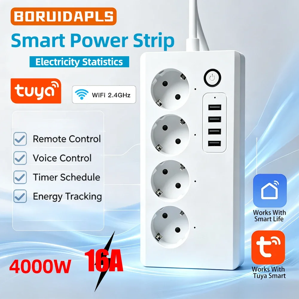 BORUIDAPLS WiFi Smart Power Strip Support Tuya Alexa Remote Voice Control Smart Socket Kitchen Accessory Energy Saving Metering