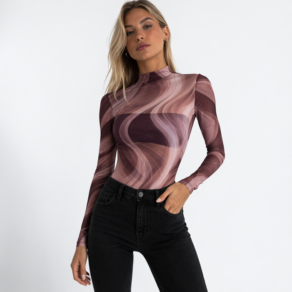 Body Feminino Tule Transparente Manga Longa Estampa Animal Print Moda Elegante Ajustado Fashion Tendência 2026