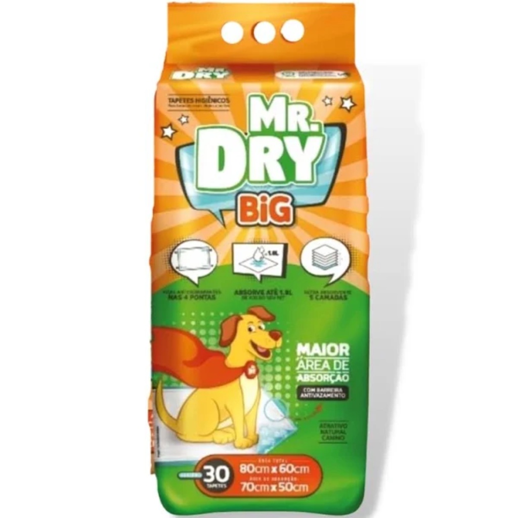 Tapete Higiênico Mr Dry Big 80x60cm MAIOR ÁREA DE ABSORÇÃO 70x50cm com 30 unidades