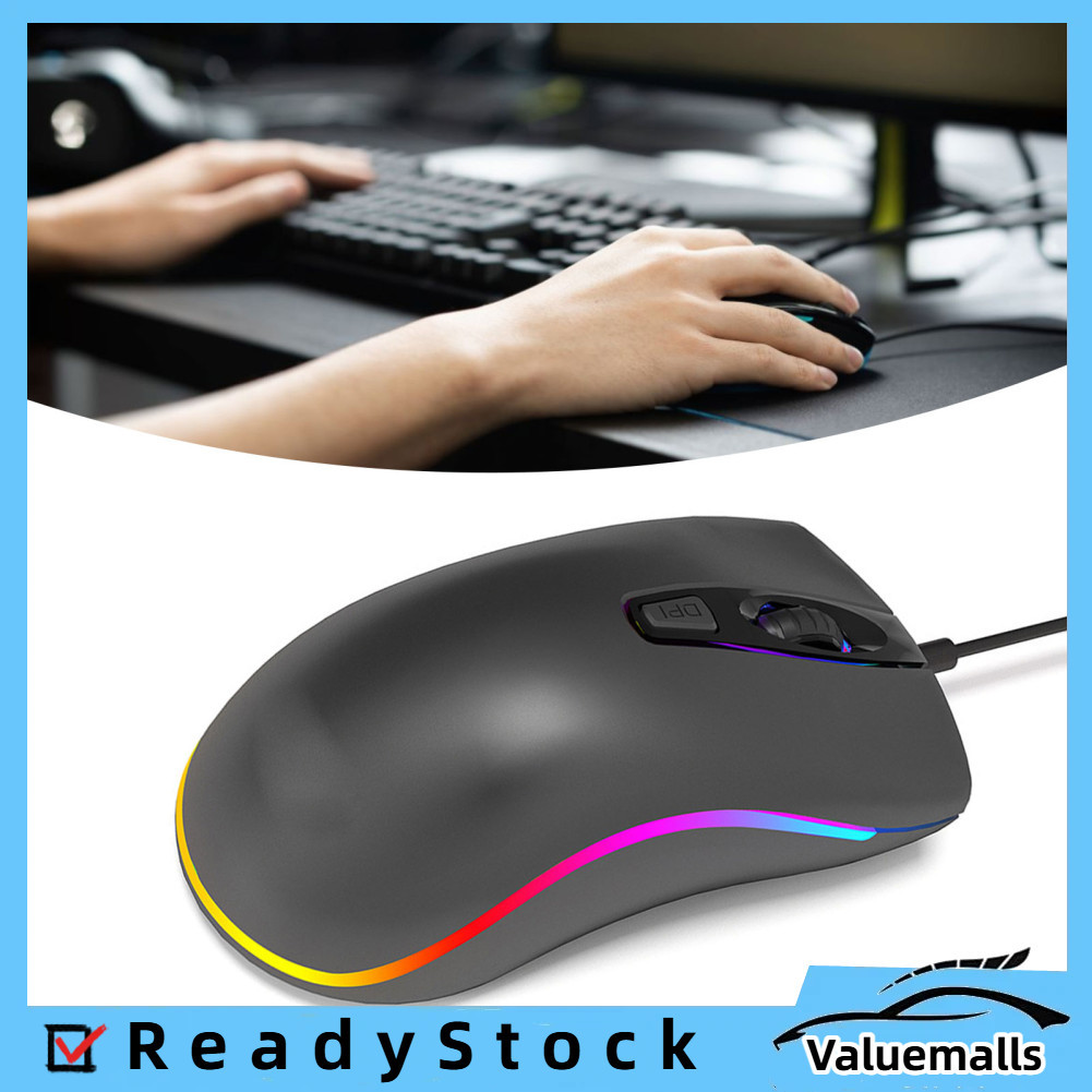 valuemalls-br Gaming Mouse RGB Light Effect Ergonômico Máximo 1600DPI Controle estável Plug and Play com fio