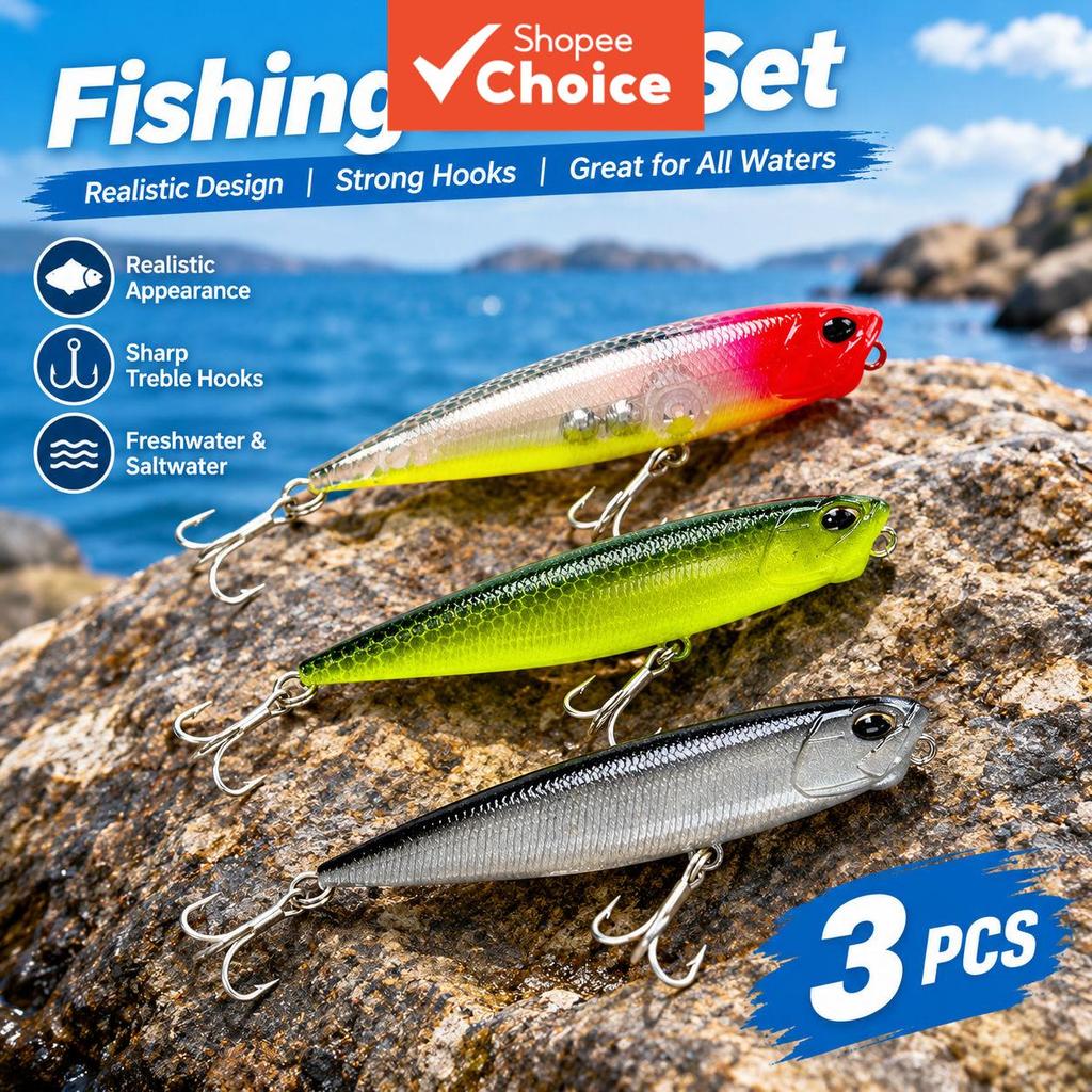 Conjunto de 3 Iscas de Pesca Topwater Pencil WTD Walking The Dog com Anzóis Triplos - Isca Dura Artificial para Black