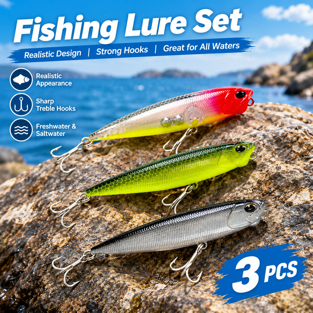 Conjunto de 3 iscas de lápis para pesca superficial WTD, isca dura walking the dog com anzóis triplos, isca artificial