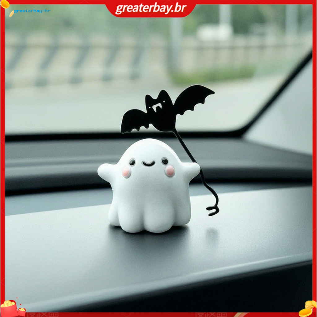 Ghost Walking Dog Resin Figurine – Cute Halloween Desktop Decor Mini Stable Base Tabletop Ornament Spooky Holding Bat