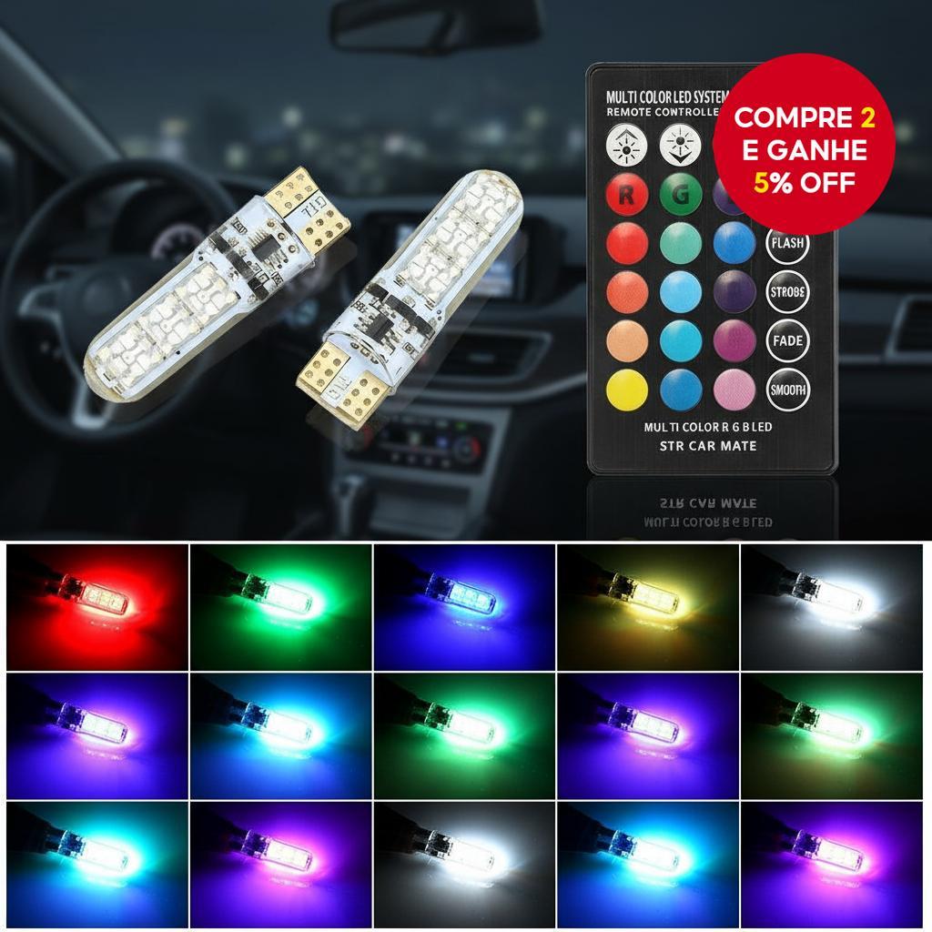 T10 5050 Lâmpada Automotiva RGB LED Multicolorida 6 SMD à Prova d'Água com Controle Remoto
