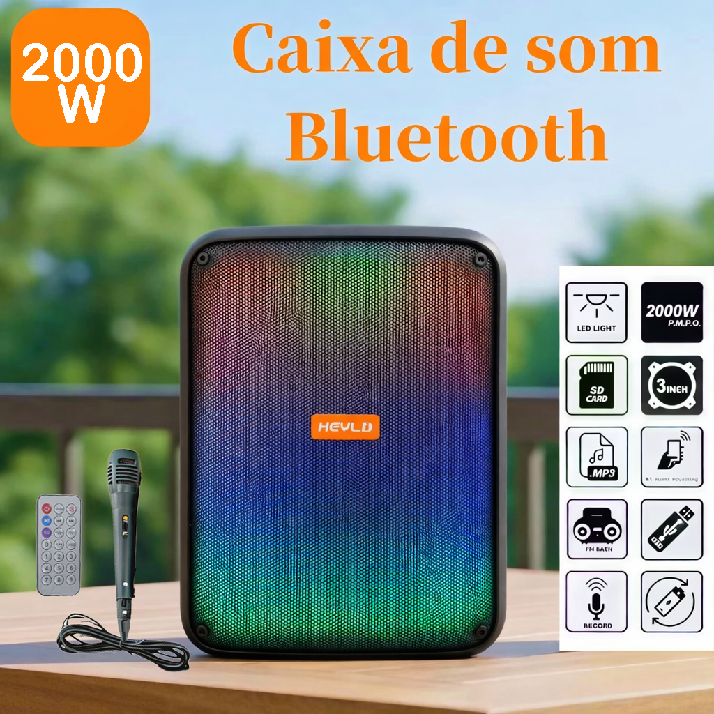 Caixa de Som Bluetooth Portátil Potente LED RGB TWS FM C/microfone 2000W para Festa Viagem Praia