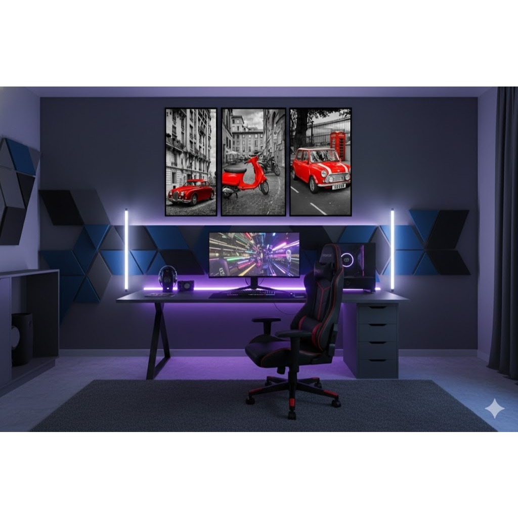 KIT 3 Quadros Mini Cooper Vespa Retrô | Decoração Sala Quarto Vintage Vermelho