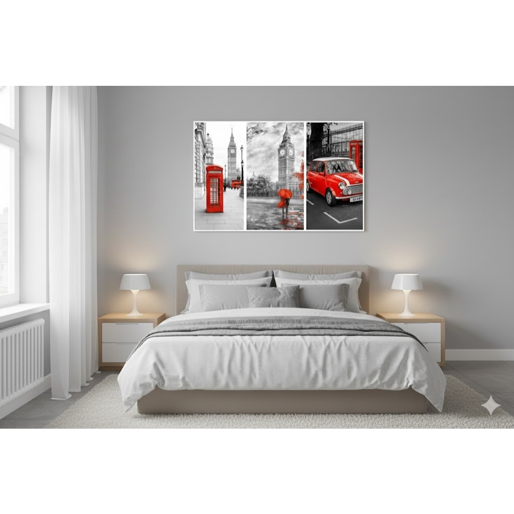 KIT 3 Quadros Londres Cabine Mini Cooper | Decoração Sala Quarto Vintage Splash Color