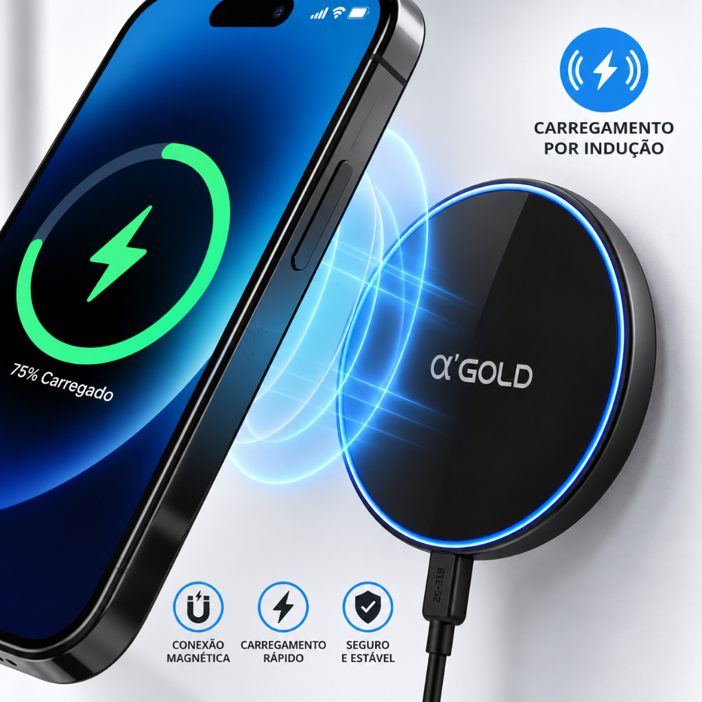 Carregador por Indução Sem Fio 20W Wireless Magnético para Celular Android iPhone α’Gold BTE-52