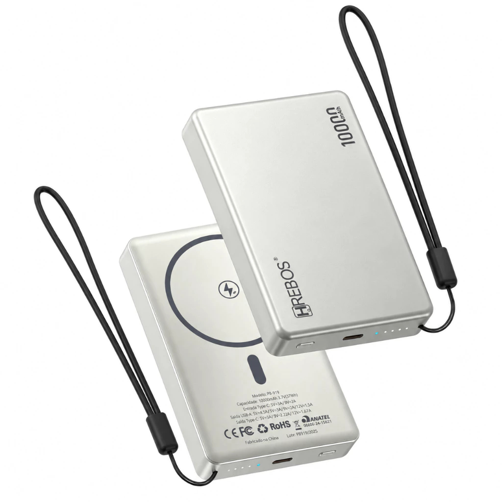 PowerBank 10000mAh 20W Carregamento por Indução Rápido Wireless Qi Type-C USB-A Hrebos PB-919