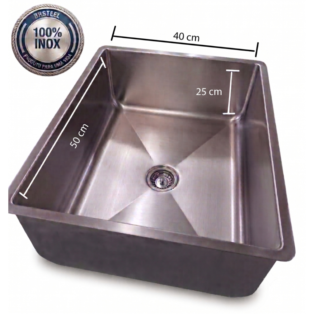 Cuba Tanque Industrial Inox 50x40x25cm Pia Cozinha Profissional Aço Inoxidável Escovado BR Steel