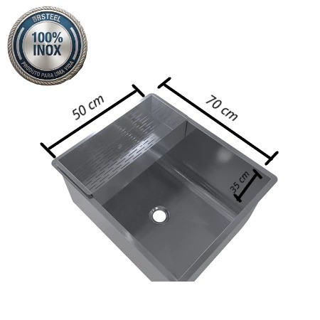 Cuba Tanque Industrial Inox 70x50x35cm Cesto Escorredor Pia Cozinha Aço Inoxidável Escovado BR Steel