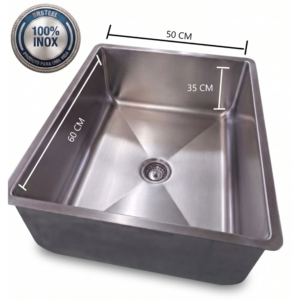 Cuba Tanque Industrial Inox 60x50x25cm Pia Cozinha Profissional Aço Inoxidável Escovado BR Steel