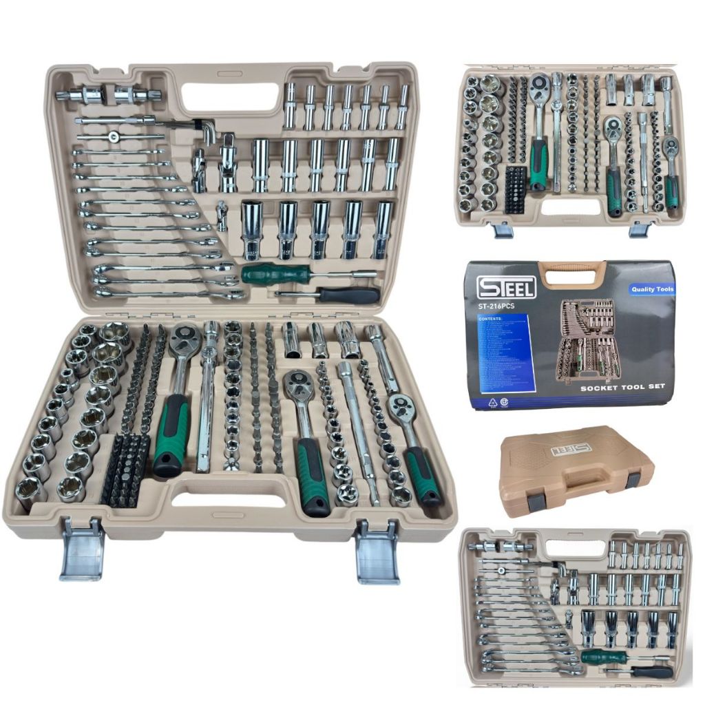 Kit Soquete Completo Profissional 216 Peças 1/2 3/8 1/4 Cr-v Industrial Steel ENVIO IMEDIATO
