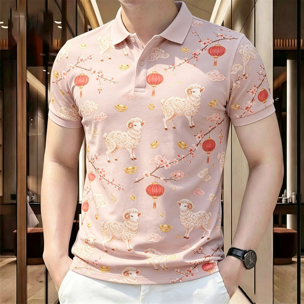 Camisa Polo Masculina De Manga Curta , Estilo Ano Novo Chinês , Bolsa Golden Sheep Fu Neon Firework Plum Blossom Lingote
