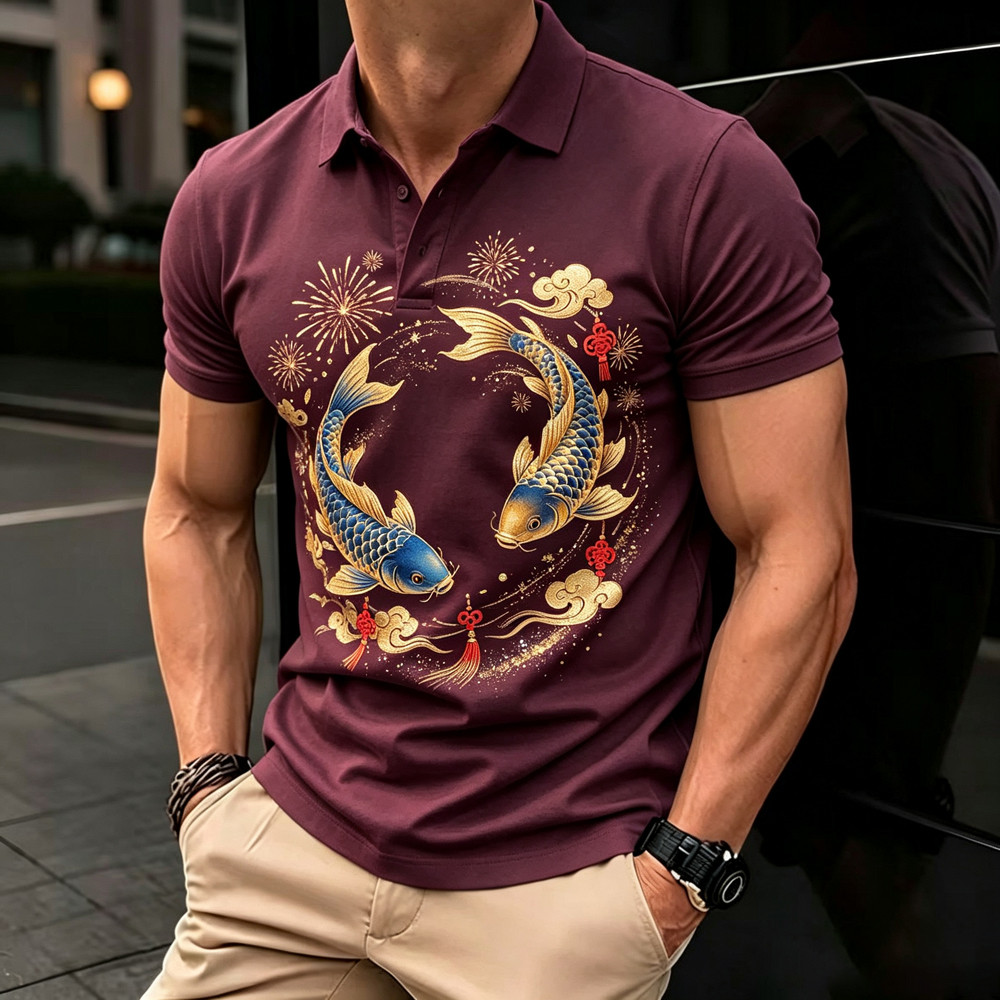 Camisa Polo Masculina De Manga Curta , 2027 CNY New , Koi Auspicious Print , Oriental Spring Plum Cloud Firework Lucky A