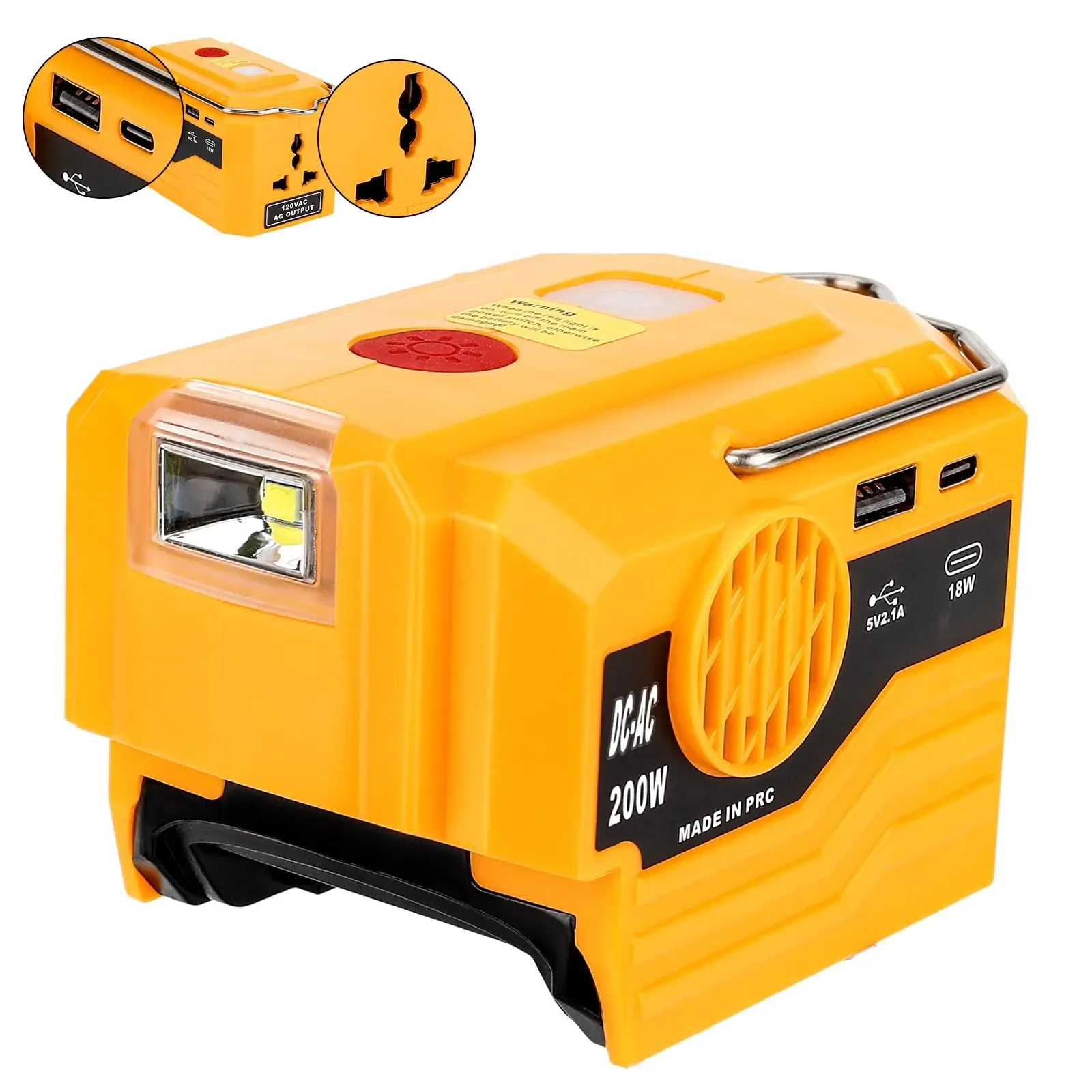 Outdoor Camping Power Generator For Dewalt 20V Battery 200W DC-AC Inverter USB Type-C Fast Charging with LED Work Light