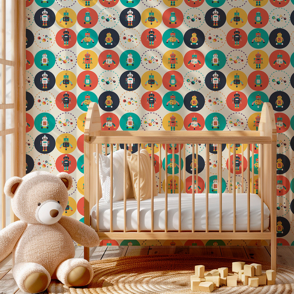 Papel de Parede Auto Adesivo Lavável Infantil Robôs Menino Criança Quarto Sala Decoração 3 Metros