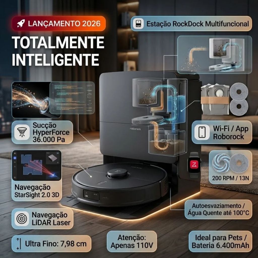 Aspirador Robô Roborock Saros 20x Set 36000Pa Mop Passa Pano Autoesvaziamento Wi-Fi Smart 110v Lançamento 2026