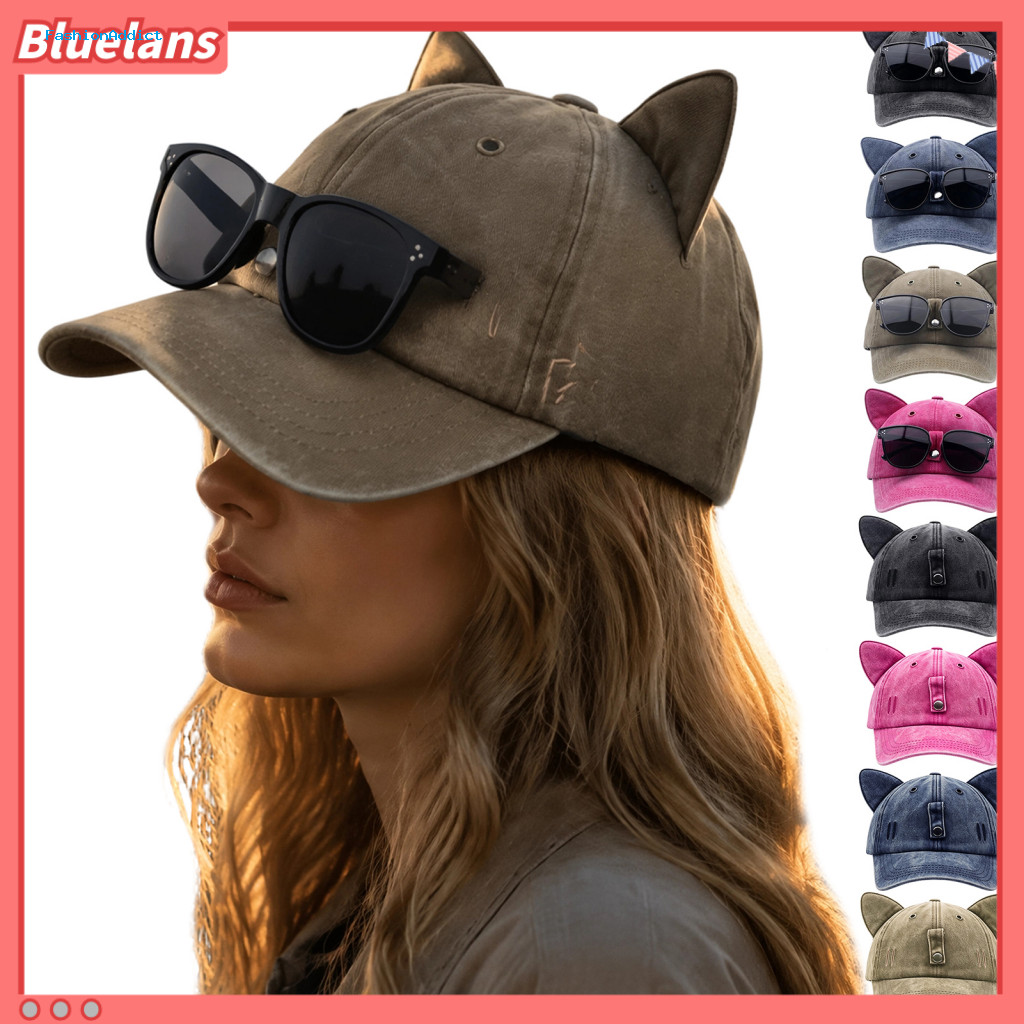 Retro Washed Baseball Cap Adjustable Sun Hat with Sunglasses Cat Ear Trucker Detachable Uv Protection Pilot Style for Me
