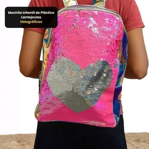 Mochila Infantil Plástico Lantejoulas Holográficas Rosa FIRST